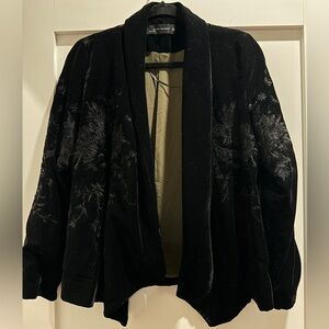 Zara Black Velvet Open Front Cardigan Jacket Floral Detail